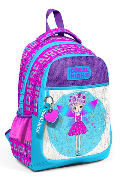 Coral High Rucsac școlar cu trei compartimente cu sclipici cu zâne roz albastru 23484