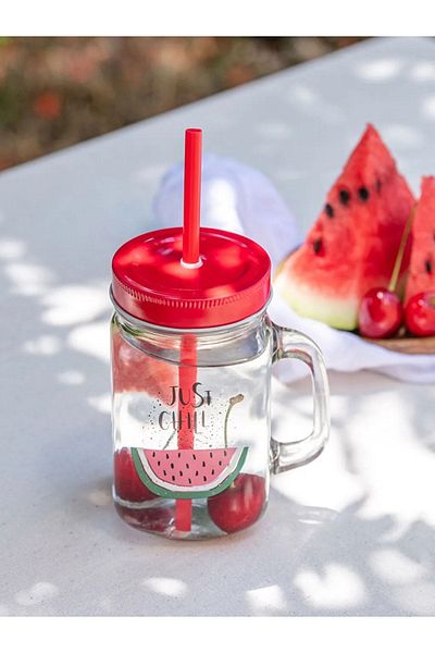 LC Waikiki Lcw Home Watermelon Printed Lid and Glass Cup with Straw 450 ml