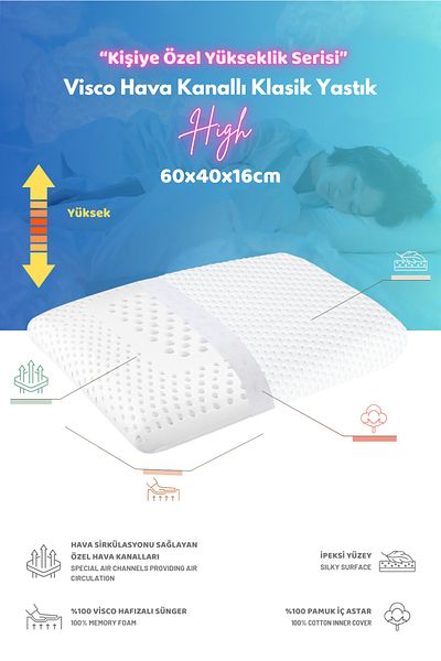 VİSCOTEX Visco Orthopedic Pillow with Air Channels - 60X40X16Cm, White-Dark Blue