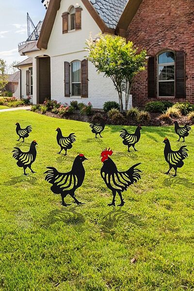 3art Metal Dekoratif Bahçe Süsleri - 6'lı Set Metal Horoz Ve Tavuk
