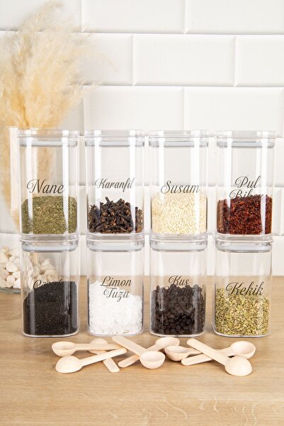 DNS HOME 8-Piece 250 ml Vacuum Acrylic Spice Jar Set with Lid and Spoon Storage Container Jar with Transparent Label