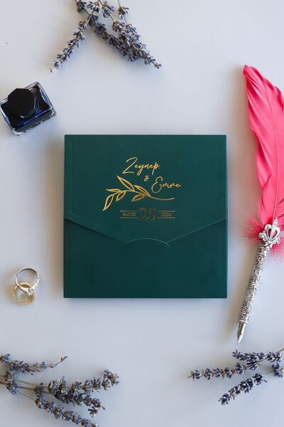 Pixel Davetiye 50-adet- Yeşil Kapaklı Yaldızlı Davetiye - Düğün - Nişan - Kına - Sünnet - Nikah Davetiyesi - 8774