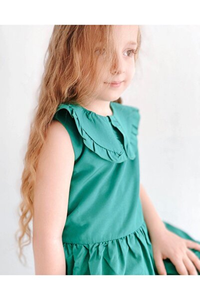 le petit sole Green Girl's Dress - Ruffle Collar