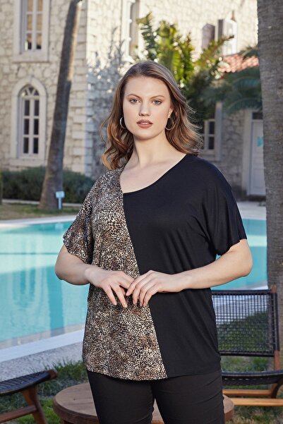 RMG تي شيرت أسود كبير الحجم مزين بنقشة الفهد