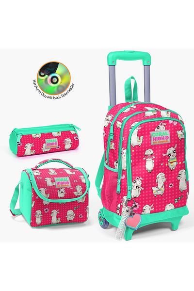 Coral High Set de genți pentru copii, neon, coral, apă, verde, model alpaca, 3 piese, cu racletă SET0123364