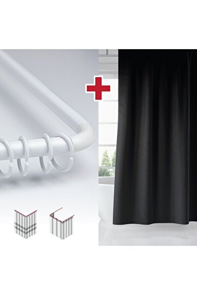 Tropikhome Siyah Renk Banyo Perdesi Askı Hediyeli 180x200cm Tek Kanat Duş Perdesi, L Boru Hediyeli