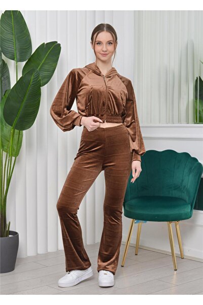 Nuseel Cardigan cu glugă Crop Set din 3 piese din catifea cu fund evazat, cul...