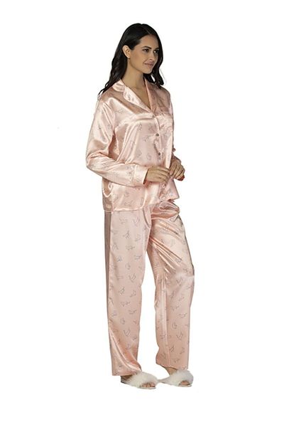 YOU & ME U&Me Cat Patterned Satin Pajama Set - Salmon