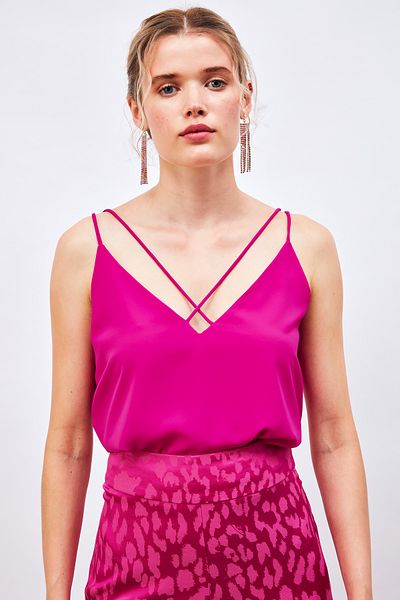 Sateen Cross Rope Strap Blouse - Fuchia