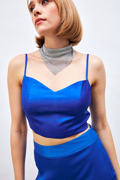 Sateen Rope Strap Satin Crop Blouse - SAX BLUE