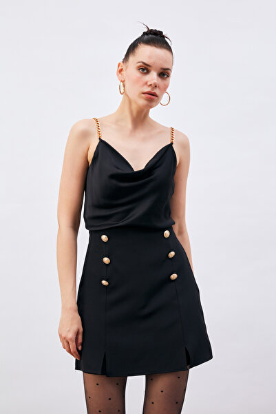 Sateen Zincir Askılı Saten Bluz - Siyah