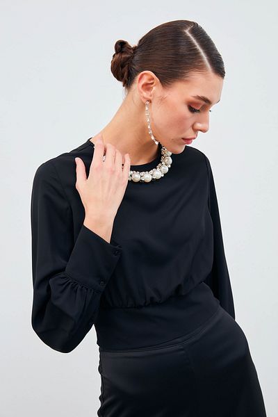 Sateen Bluză Crop Detaliată Colier - Neagră