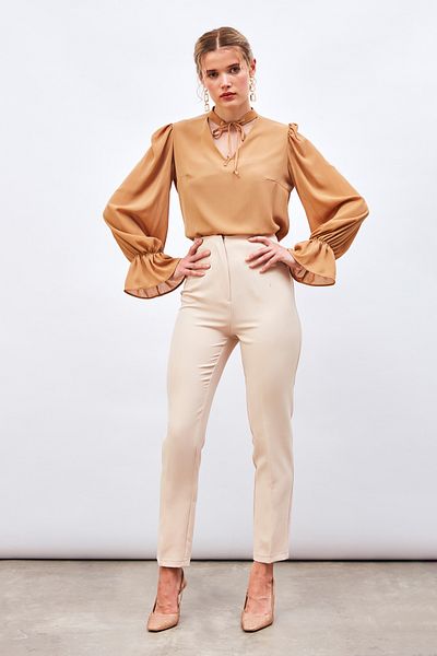 Sateen Casual Blouse with Collar Tie Detail - Camel