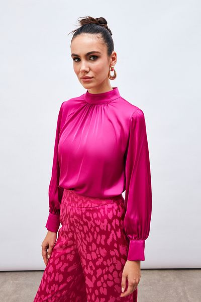 Sateen Fuchsia Satin Blouse - Collar Detailed