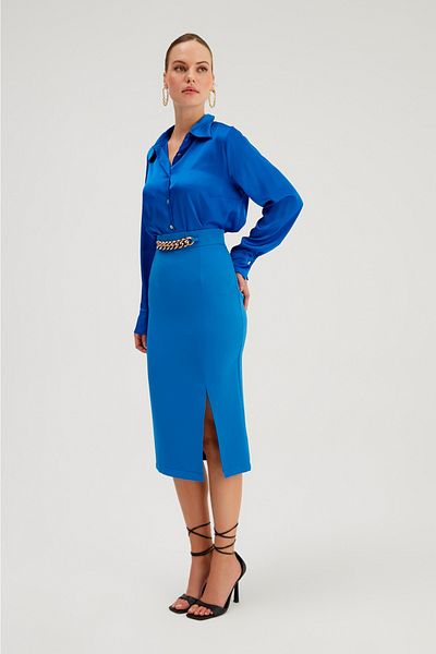 Sateen Sax Blue Chain Detailed Pencil Skirt