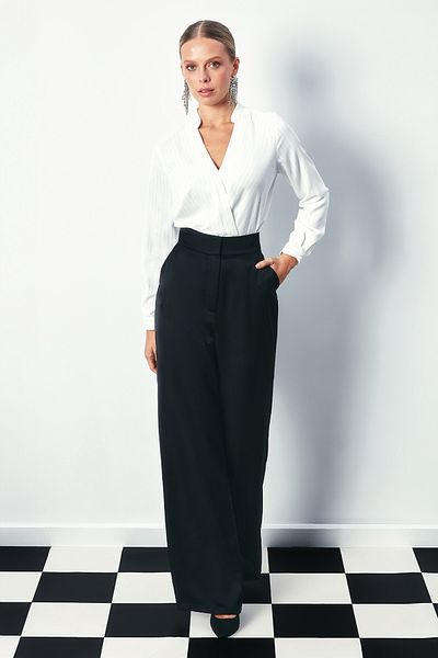 Sateen Shiny Striped Double Breasted Blouse - Ecru