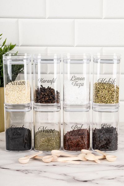 DNS HOME 8-Piece Vacuum Lid Mica Spice Jar Set with Wooden Spoon Storage Container Transparent Labeled Jar 250 ml