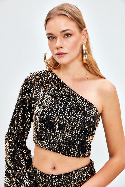 Sateen Single Sleeve Crop Blouse - GOLD