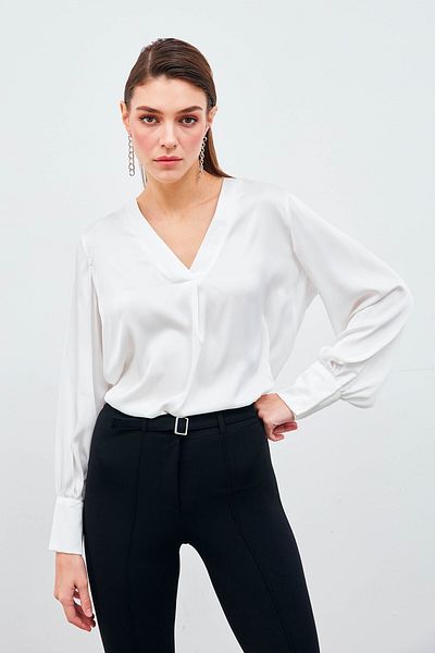 Sateen V-Neck Satin Blouse - Ecru