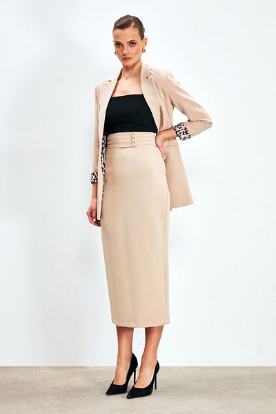 Sateen Button Detailed Midi Skirt - Beige