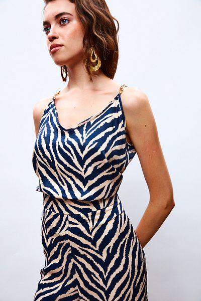 Sateen Dark Blue Patterned Satin Blouse
