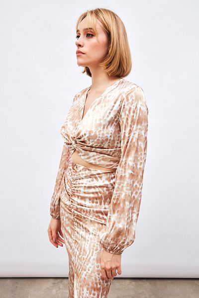 Sateen Knot Detailed Patterned Blouse - Brown