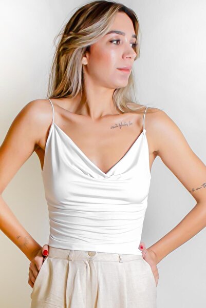 ARESMODA بلوزة قصيرة محبوكة قابلة للتمدد ومبطنة باللون الأبيض للنساء