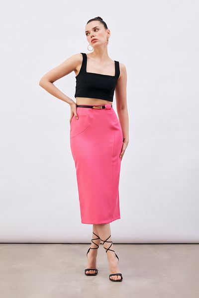 Sateen Belted Midi Length Pencil Skirt - Fuchsia