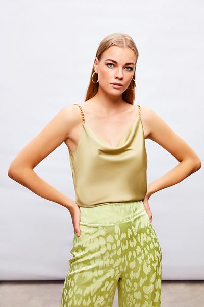 Sateen Satin Chain Strap Blouse - OLIVE