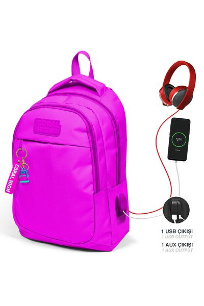 Coral High Rucsac de școală roz cu trei compartimente pentru copii cu port USB 24310