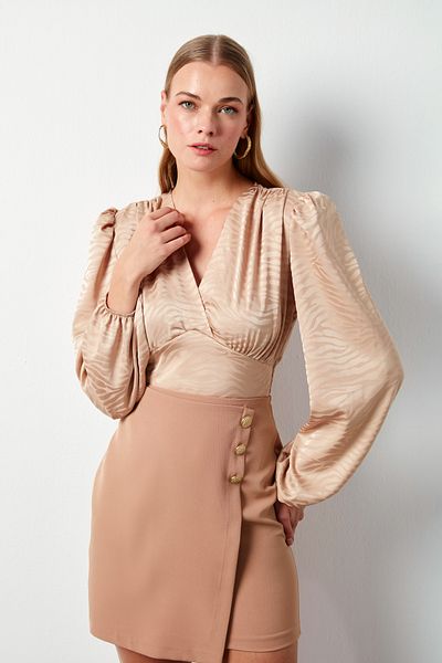 Sateen CAMEL Patterned Double-breasted Satin Blouse