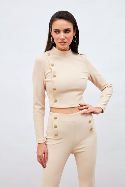 Sateen Button Detailed Stand Collar Blouse - Beige