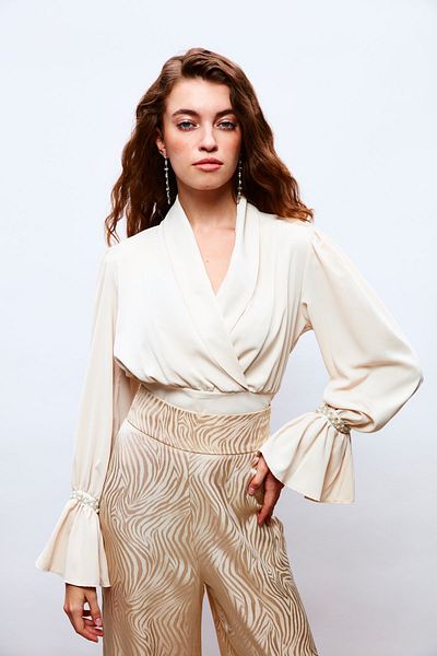 Sateen BEIGE Colored Sleeve Accessory Detailed Blouse