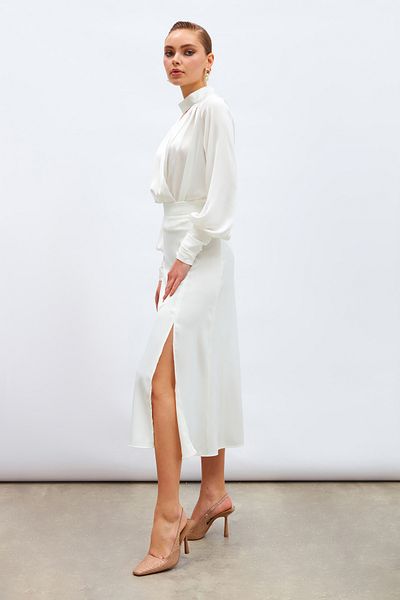 Sateen Slit Satin Skirt - Ecru
