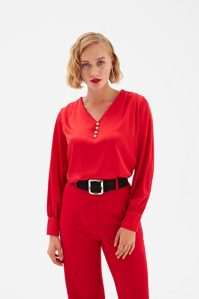 Sateen Button Detailed Satin Blouse - Red