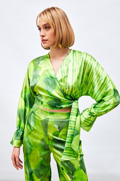 Sateen Patterned Blouse with Side Ties - Green