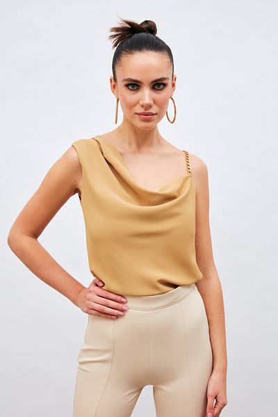 Sateen Blouse with Chain Strap Detail - Camel