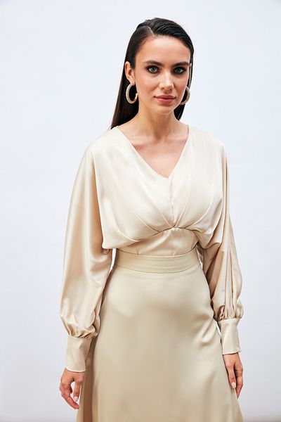 Sateen Wide Sleeve Satin Blouse - STONE