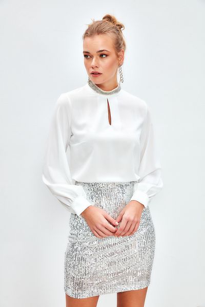 Sateen Bluză Accesorie Guler - Ecru
