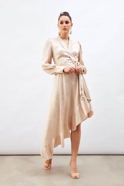 Sateen Jacquard Asymmetrical Dress - Beige