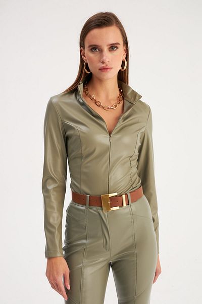 Sateen Zippered Leather Bodysuit - Green