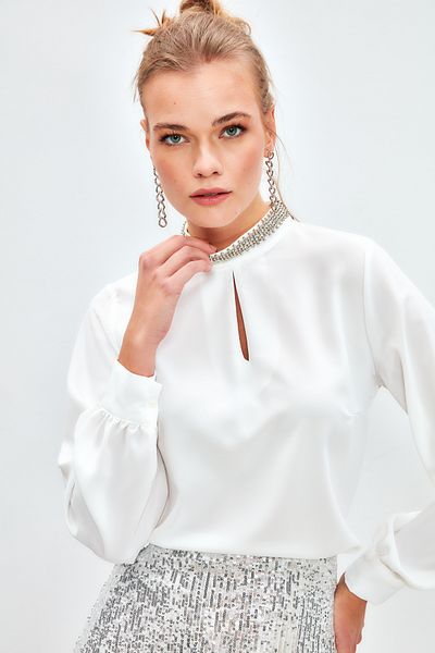 Sateen Bluză Accesorie Guler - Ecru