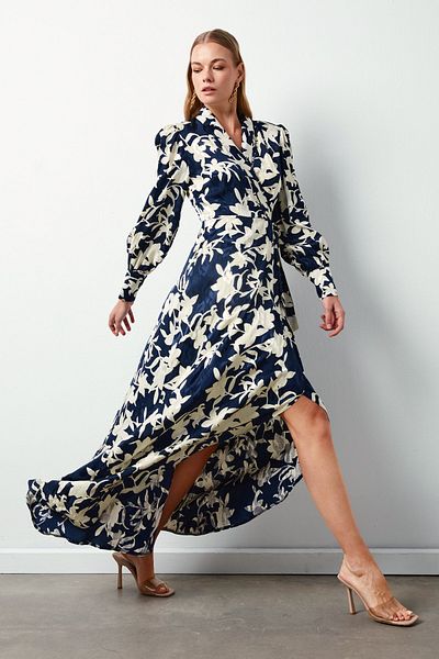 Sateen Rochie lungă cu modele florale - ALBASTRU ÎNCHIS