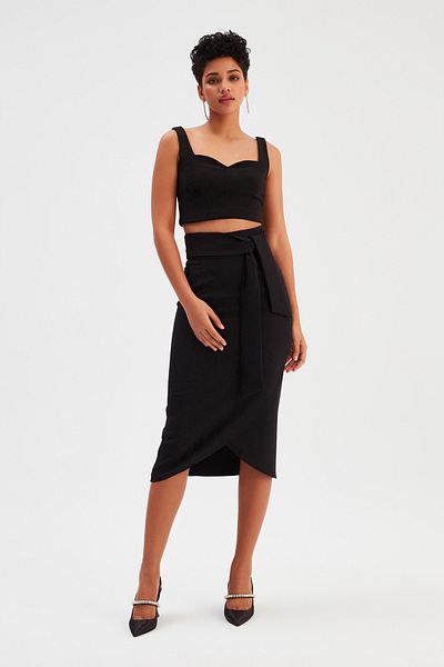 Sateen Belted Pencil Skirt - Black