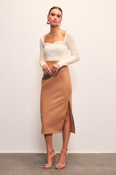 Sateen Leather Skirt with Side Slits - Camel