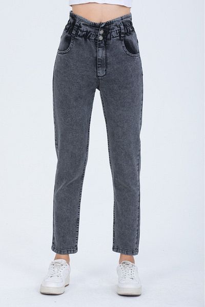 SHEVEGA Anthracite Plus Size Lycra με ελαστικό κουμπί μέσης Λεπτομερές Mom Jean Jeans
