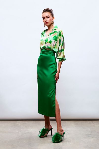 Sateen Fusta Satin cu Curea si Detaliu Pliuri - ZEMRUT