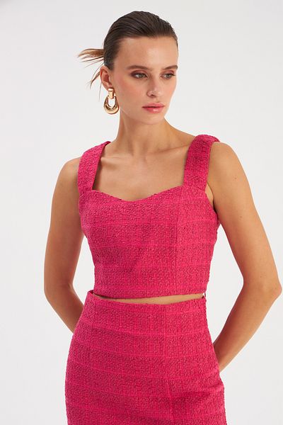 Sateen Strappy Tweed Crop Blouse - Fuchsia