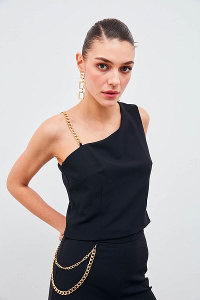 Sateen Crop Blouse with Chain Strap Detail Black