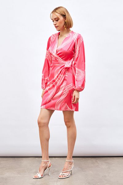 Sateen Fuchsia Double-Breasted Patterned Dress
